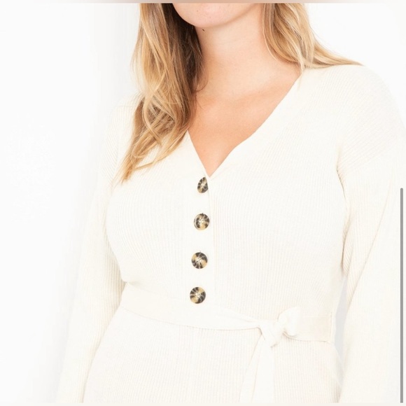 Eloquii Beige Long Sleeve Button Front Ribbed Sweater Knit Jumpsuit - Picture 2 of 12